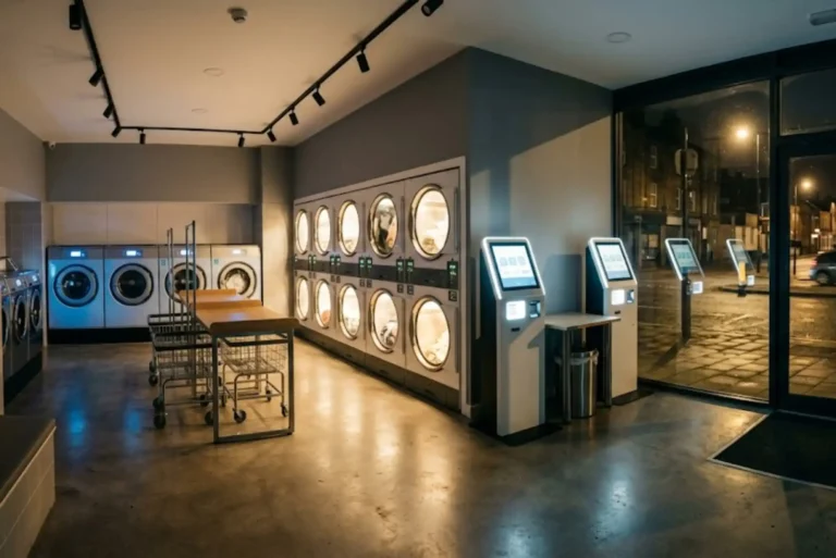 Modern 24 hour laundrette interior in the UK with self-service washing machines at night