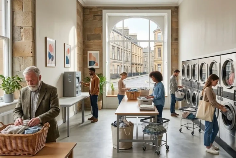 Modern self service laundrette in Edinburgh with customers using commercial washing machines