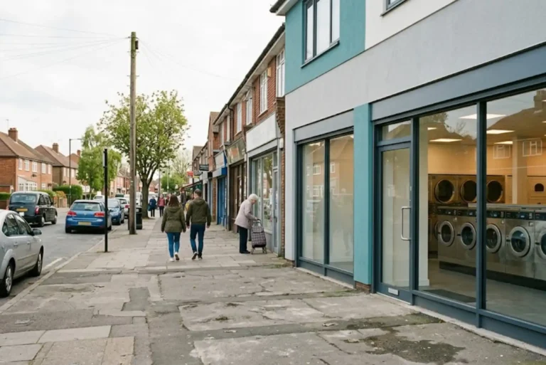 Launderette Near Me Within 5 Miles: How to Quickly Find Reliable Local Laundry Services in the UK Modern UK launderette storefront on a suburban street within 5 mile local area