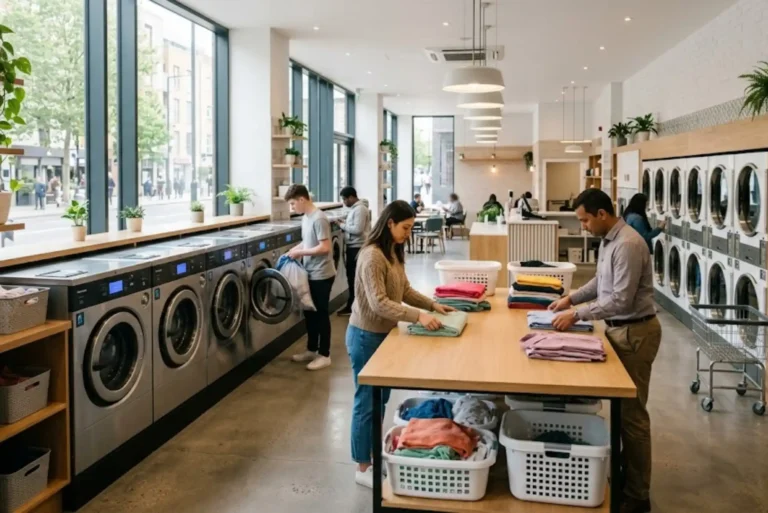 Clean and modern launderette in Stratford UK with self-service washing machines