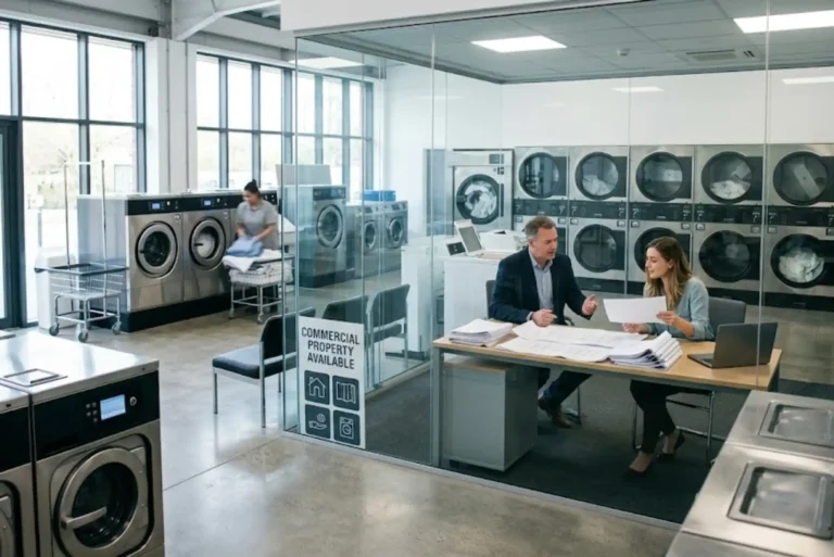 Modern commercial laundromat in the UK being evaluated by potential buyers