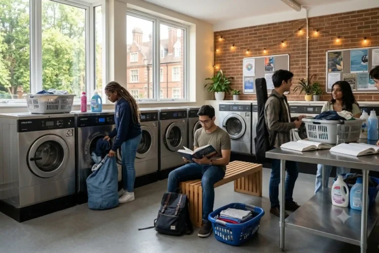 University students using modern laundry facilities near Royal Holloway