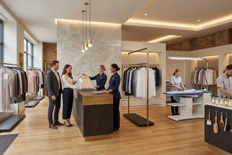 Professional dry cleaning and laundry facility in the UK with garment care equipment