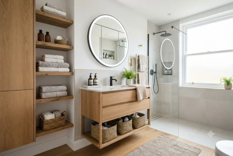 bathroom storage ideas featuring smart shelving and organised storage in a modern UK bathroom