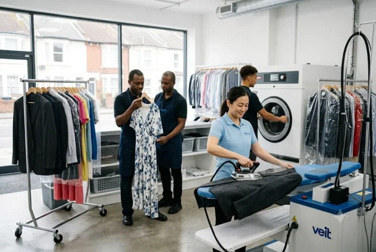 Professional dry cleaning service handling garments in Brighton UK