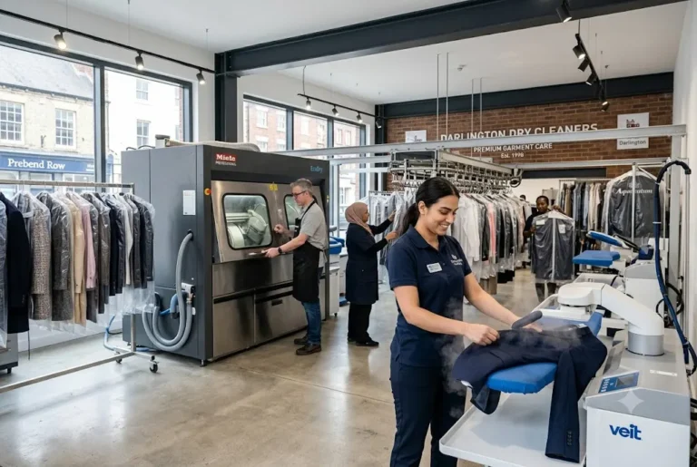 Professional dry cleaning staff caring for garments in Darlington UK