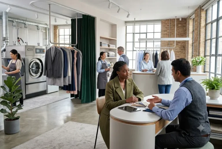 Customer discussing garment care and dry cleaning service options in a modern UK textile care facility