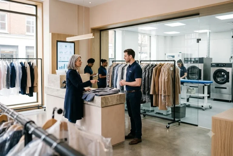 Customer discussing professional dry cleaning services and garment care pricing in a UK cleaning facility