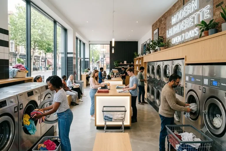 Customers using modern self service laundry machines in a UK laundrette
