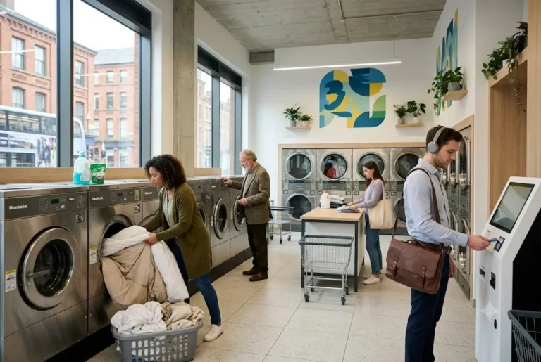 Modern self-service laundrette with commercial washing machines in Newport Gwent