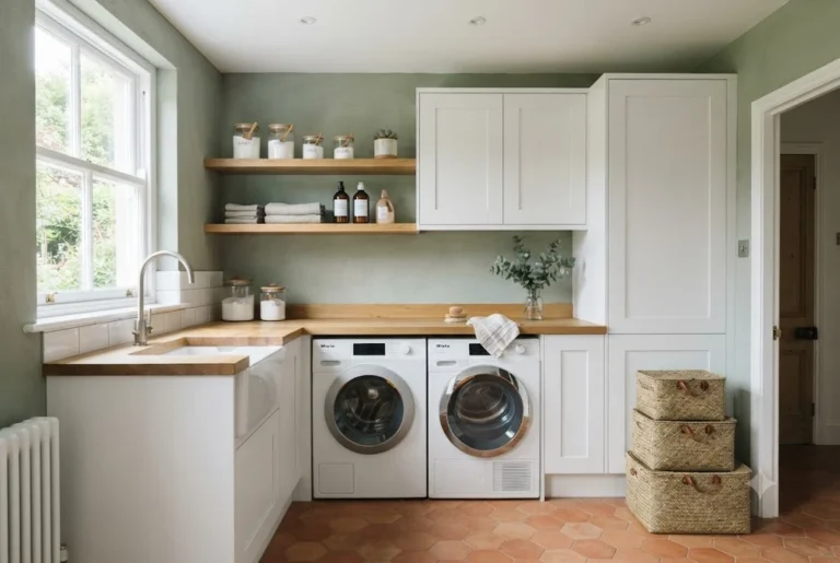 Laundry Room Furniture Ideas for an Organised and Functional Utility Space laundry room furniture with cabinets, laundry shelf and laundry sink in a modern UK utility room