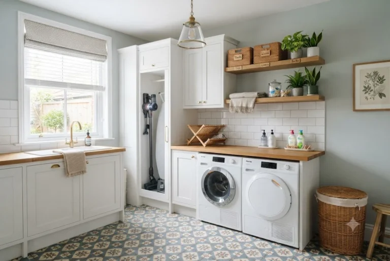 Laundry Room Ideas: Stylish and Practical Inspiration for Every UK Home Modern laundry room ideas featuring stylish storage, washing machine, cabinets, and organised utility space in a UK home.