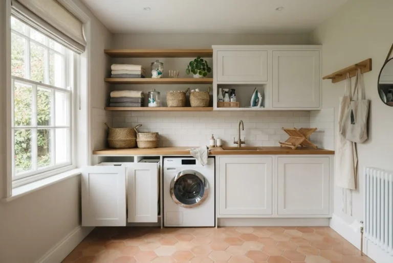 Laundry Storage Ideas to Create an Organised and Functional Home Modern laundry storage featuring laundry cabinets, washing machine cupboard, overhead shelving, and organised utility space in a UK home.