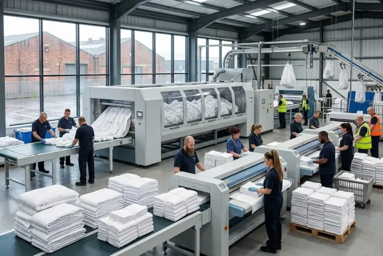 Professional commercial laundry facility processing linens and textiles in Glasgow