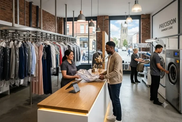 Professional dry cleaning service handling garments in Preston UK