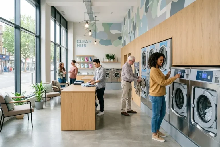 Public Washing Machine Near Me: Finding Convenient Laundry Facilities in the UK Customers using public washing machines in a modern UK laundrette