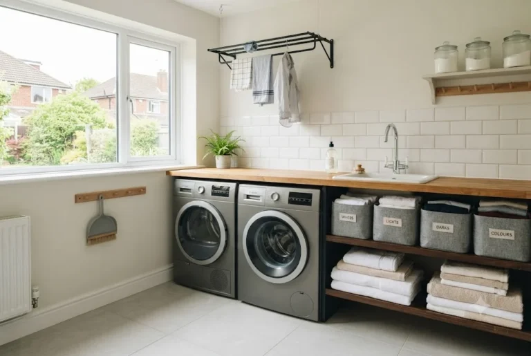 Household demonstrating sorting laundry by colours and fabric before washing.