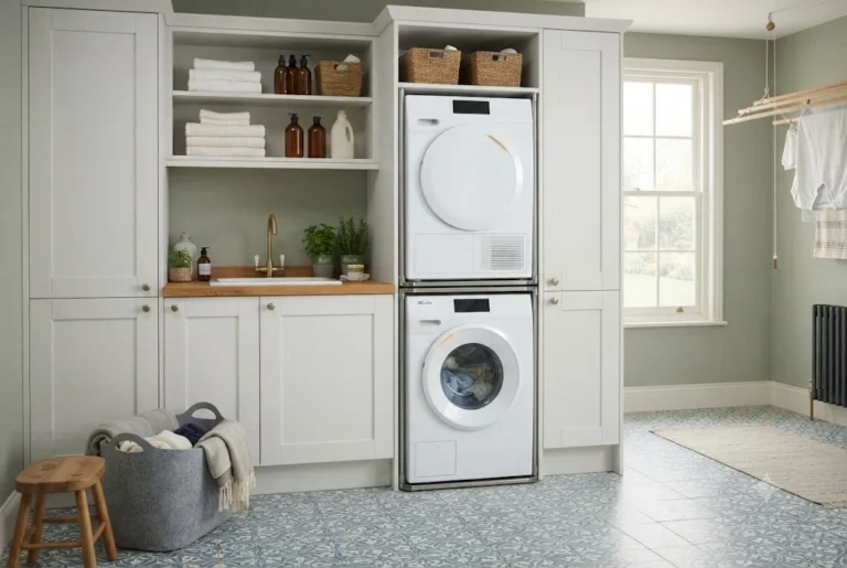 Modern stackable washer and dryer installed in a contemporary UK utility room