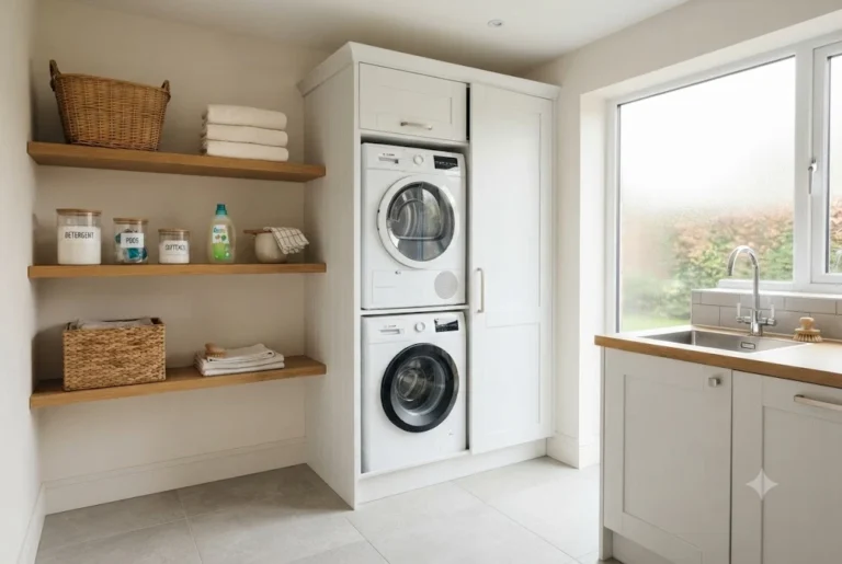 stackable washing machine and dryer installed in a modern UK utility room with storage cabinets