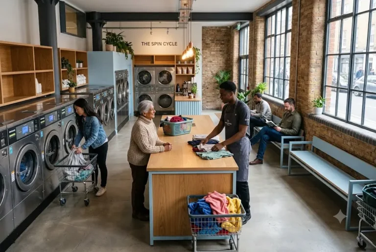 The Grove Laundrette: What Makes a Modern Laundrette Stand Out? Customers using modern laundrette facilities with commercial washing machines
