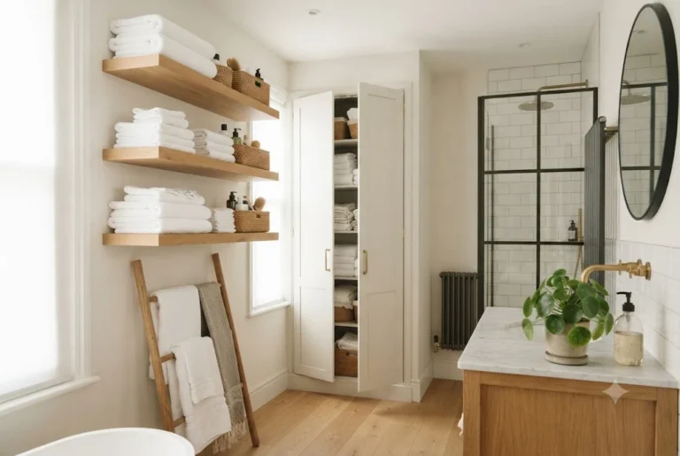 Towel Storage Ideas Bathroom Owners Can Use to Save Space towel storage ideas bathroom with organised shelves and neatly folded towels