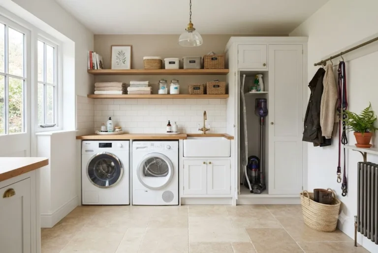 Utility Room Ideas: Smart Designs for Stylish and Functional UK Homes Modern utility room ideas featuring built-in storage, washing machine, utility sink, and organised cabinets in a UK home.