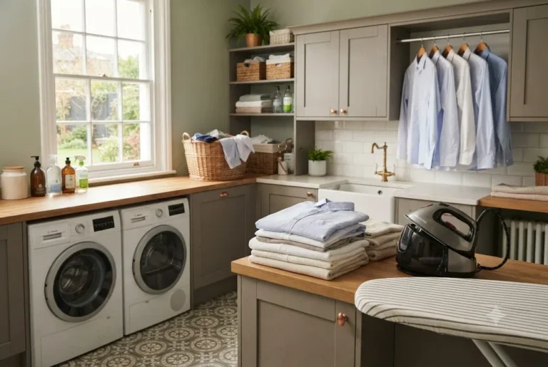 Clean and Iron: Simple Laundry Routine Hacks That Work Clean and iron routine with freshly washed clothes and an ironing board