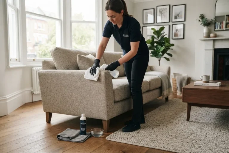 Sofa cleaning solution being used on fabric upholstery
